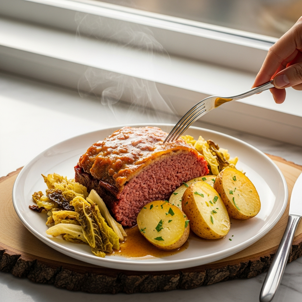 Baked Corned Beef with Sauteed Cabbage and Baked New Potatoes